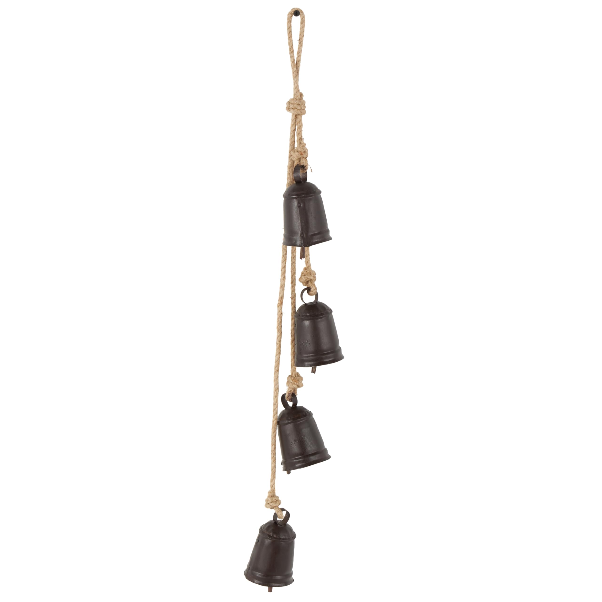 Deco 79 Gold Metal Tibetan Inspired Decorative Giant XL Cow Bells with Jute Hanging Rope, Set of 3 10",8",6"H - Cylindrical